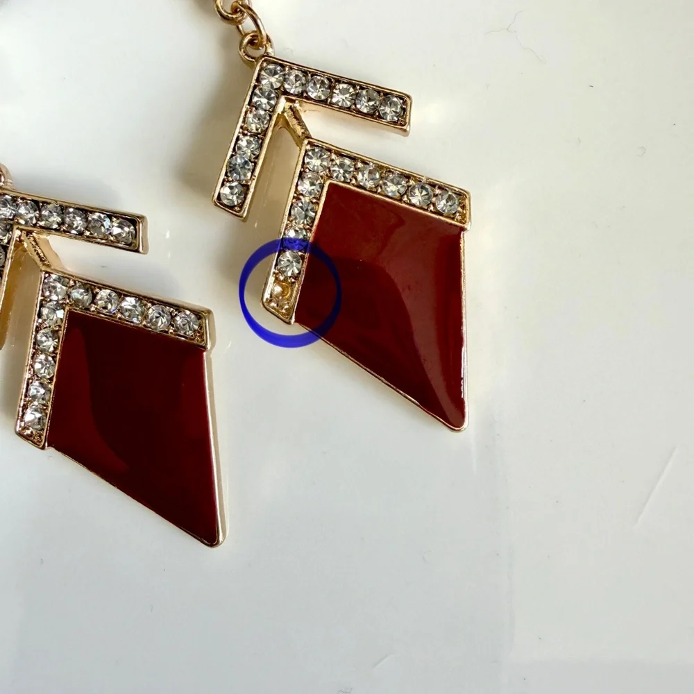 3/$22🩶 FLAWED Gold Dark Red Art Deco Earrings Geo Rhinestone Vintage Style